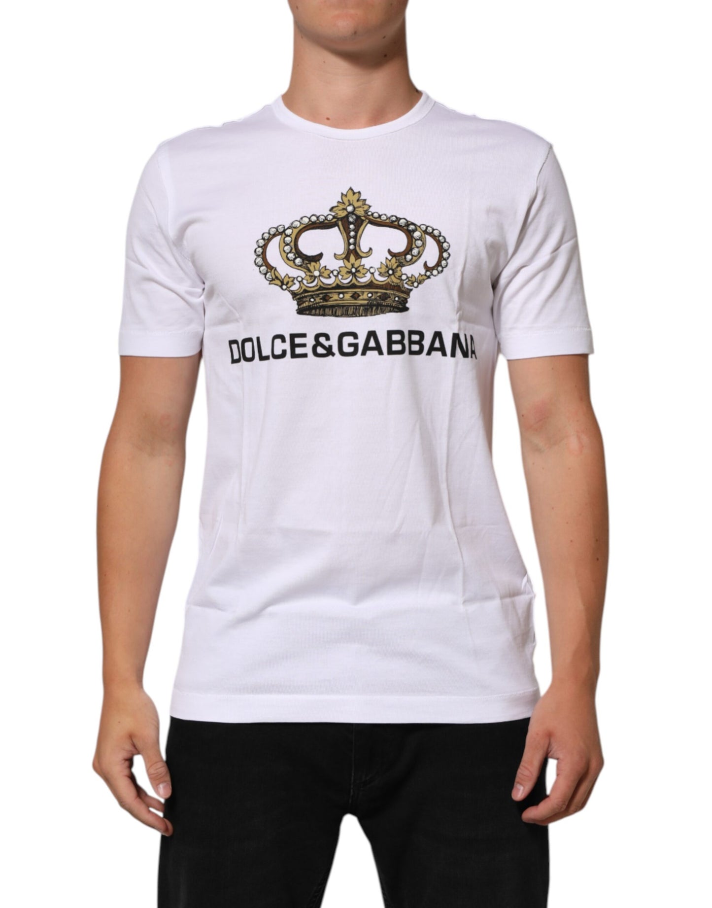 White Crown Print Cotton Crew Neck T-shirt