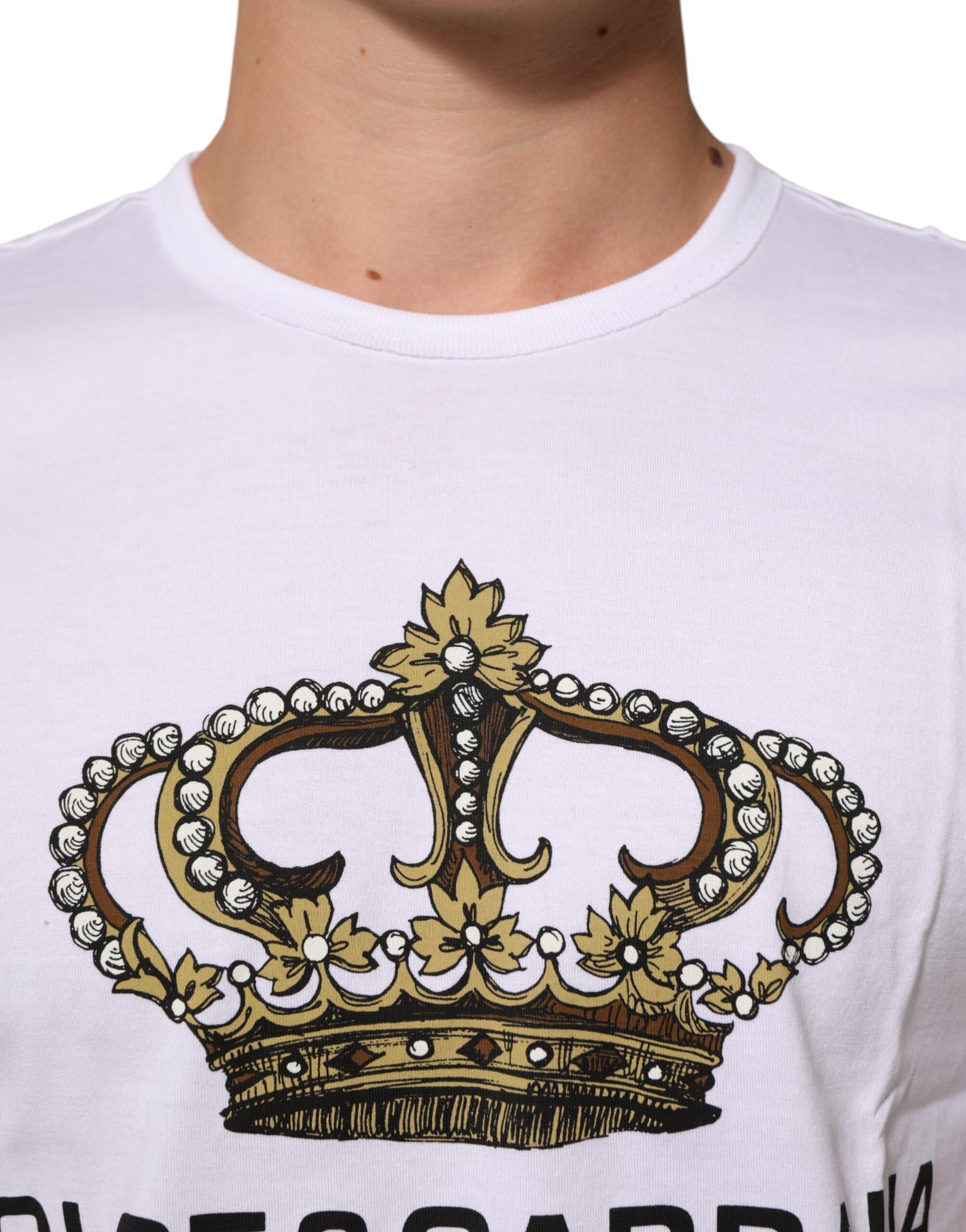 White Crown Print Cotton Crew Neck T-shirt