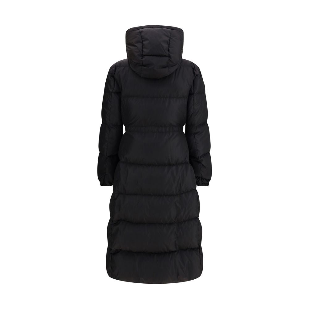 The long Down Jacket with hood and wool trims