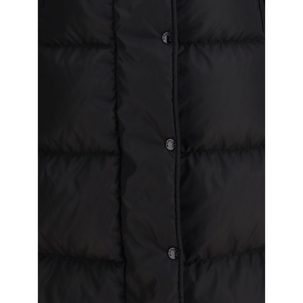 The long Down Jacket with hood and wool trims
