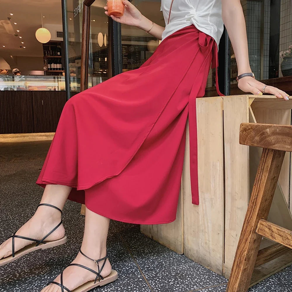Spring Summer Autumn Beach Skirt Women 9 Colors High Waist Side Tie Casual Wrap Skirt Female Solid Elegant Midi Skirt Clothes