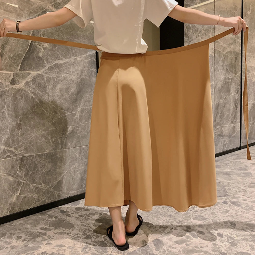 Spring Summer Autumn Beach Skirt Women 9 Colors High Waist Side Tie Casual Wrap Skirt Female Solid Elegant Midi Skirt Clothes