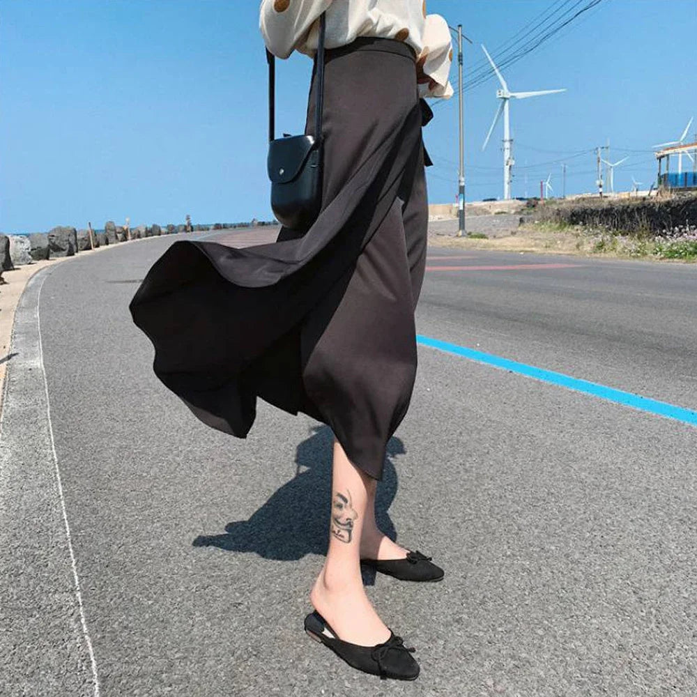 Spring Summer Autumn Beach Skirt Women 9 Colors High Waist Side Tie Casual Wrap Skirt Female Solid Elegant Midi Skirt Clothes