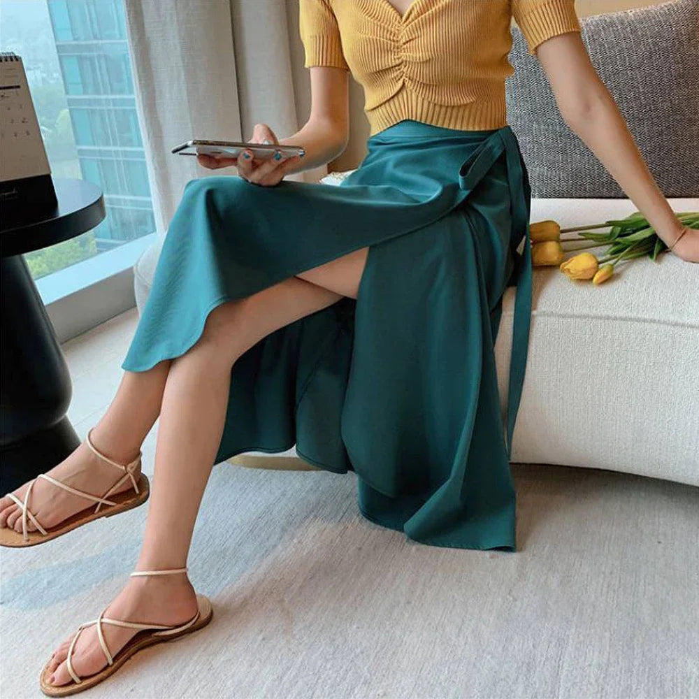 Spring Summer Autumn Beach Skirt Women 9 Colors High Waist Side Tie Casual Wrap Skirt Female Solid Elegant Midi Skirt Clothes