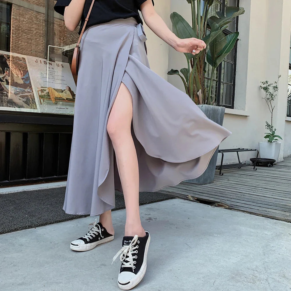 Spring Summer Autumn Beach Skirt Women 9 Colors High Waist Side Tie Casual Wrap Skirt Female Solid Elegant Midi Skirt Clothes