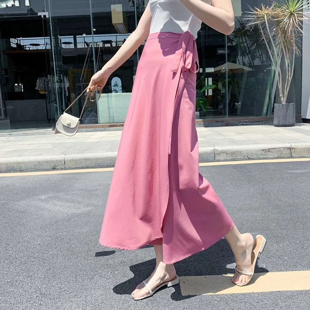 Spring Summer Autumn Beach Skirt Women 9 Colors High Waist Side Tie Casual Wrap Skirt Female Solid Elegant Midi Skirt Clothes