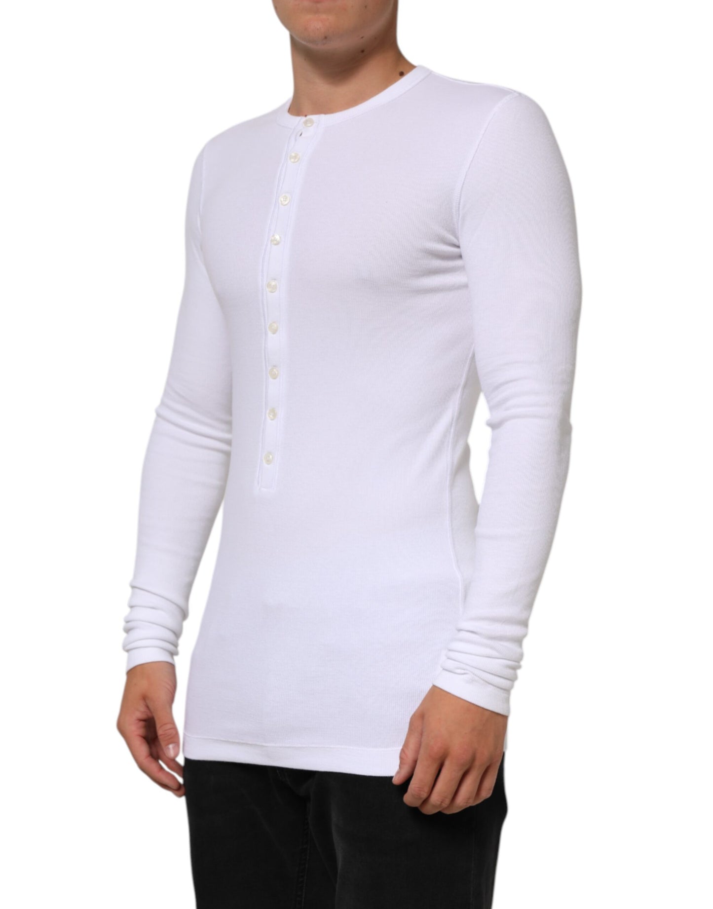White Long Sleeves Button Closure T-shirt