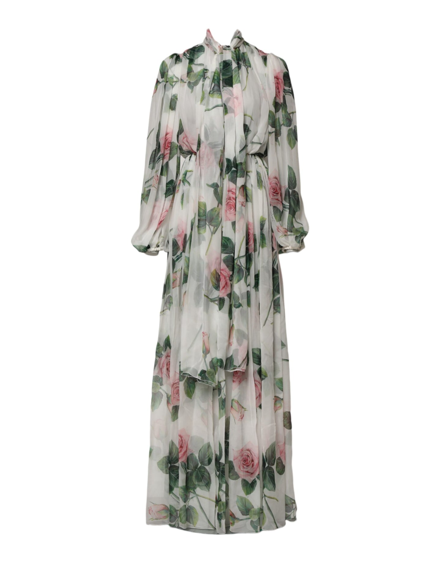 White Floral Roses Silk Maxi Long Gown Dress