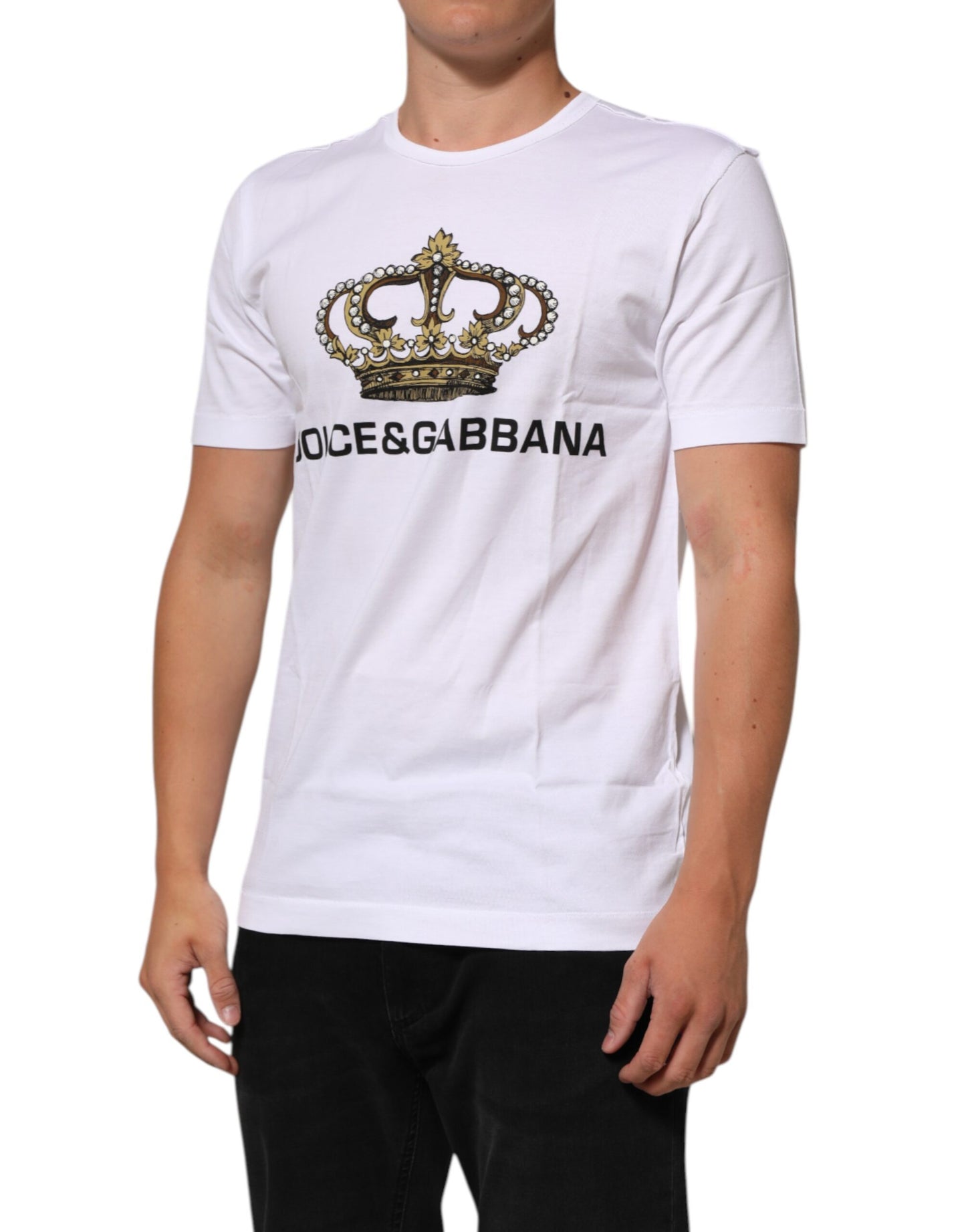 White Crown Print Cotton Crew Neck T-shirt