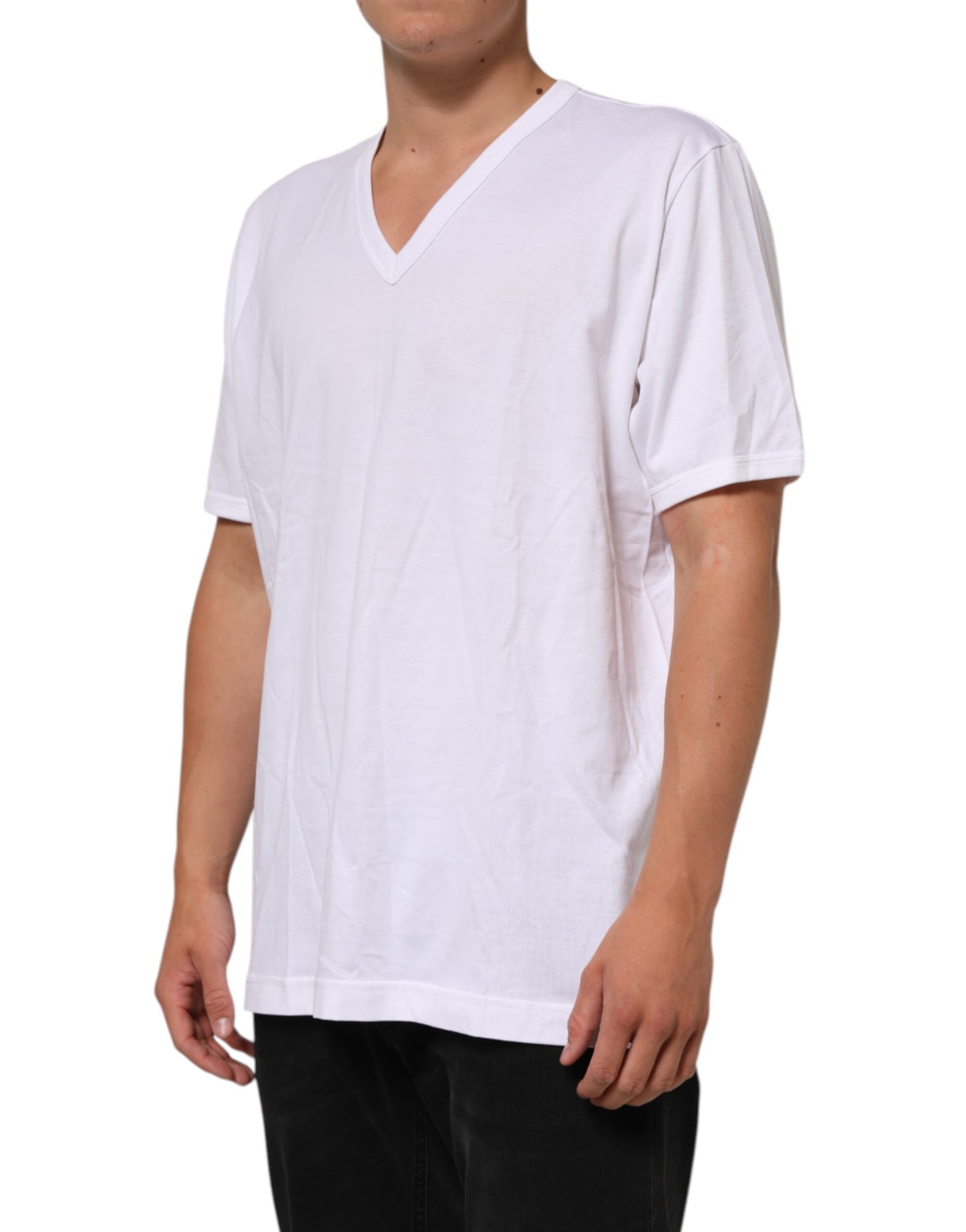 White Cotton V-Neck Short Sleeves T-shirt