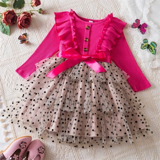 Polka-dot Dress for Girls 3-8 Yrs Long Sleeve Spring Autumn Casual Children's Clothing Fashion Birthday Party Kids Dresses