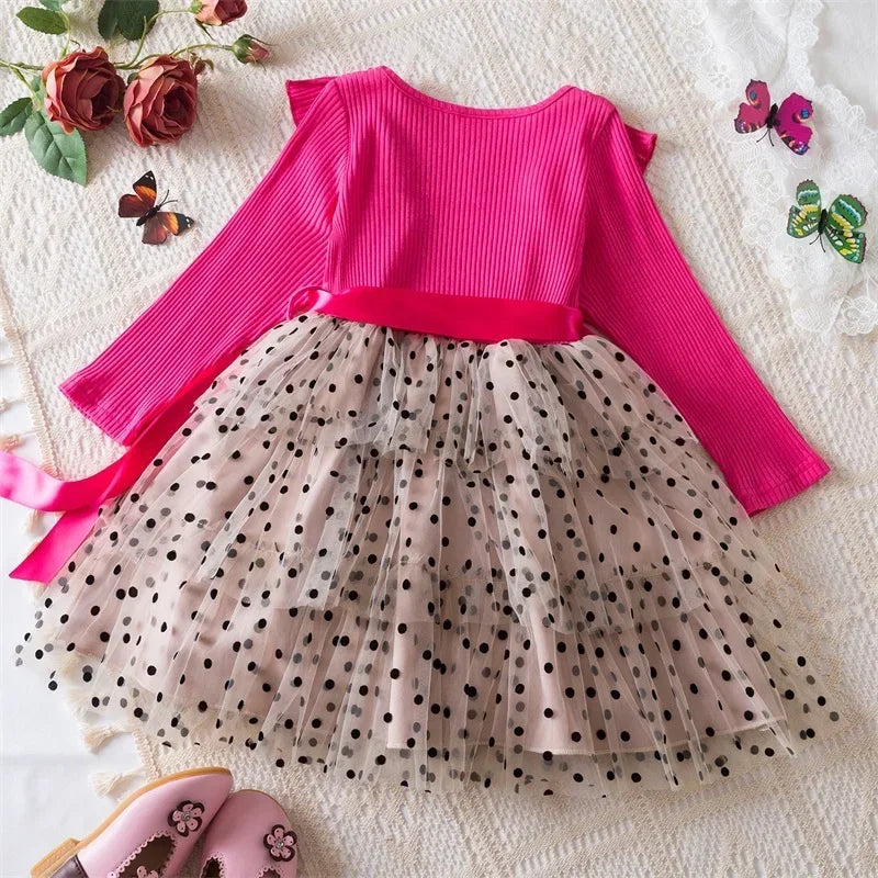 Polka-dot Dress for Girls 3-8 Yrs Long Sleeve Spring Autumn Casual Children's Clothing Fashion Birthday Party Kids Dresses