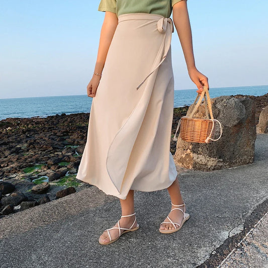 Spring Summer Autumn Beach Skirt Women 9 Colors High Waist Side Tie Casual Wrap Skirt Female Solid Elegant Midi Skirt Clothes