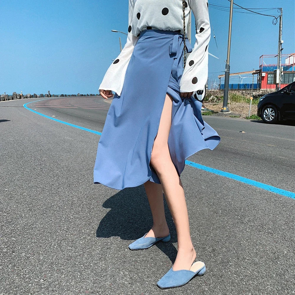 Spring Summer Autumn Beach Skirt Women 9 Colors High Waist Side Tie Casual Wrap Skirt Female Solid Elegant Midi Skirt Clothes